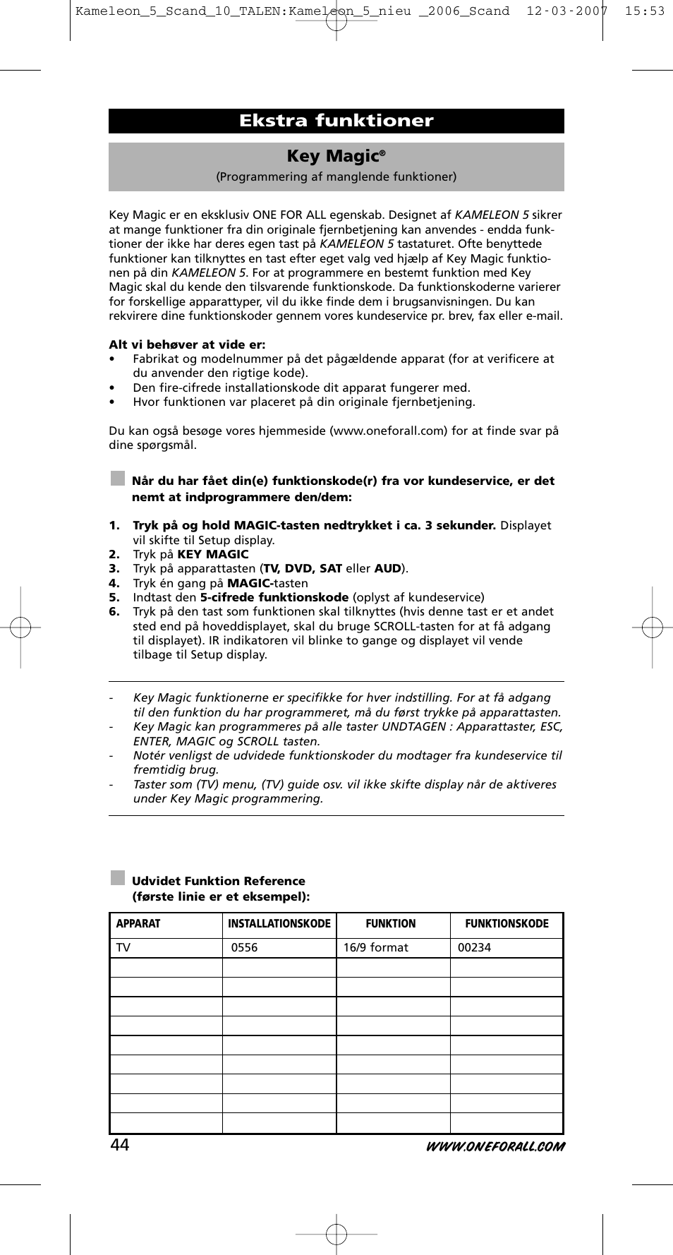 Key magic, Ekstra funktioner | One for All KAMELEON URC-8305 User Manual | Page 45 / 293