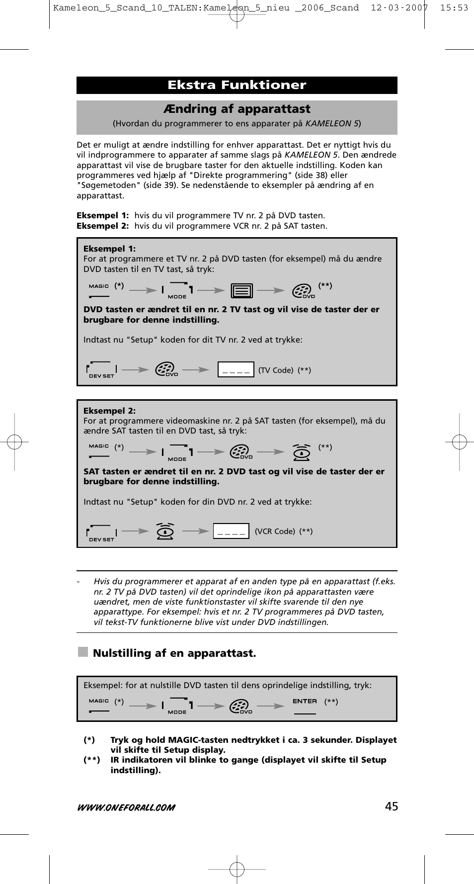 45 ekstra funktioner, Ændring af apparattast, Nulstilling af en apparattast | One for All KAMELEON URC-8305 User Manual | Page 46 / 293