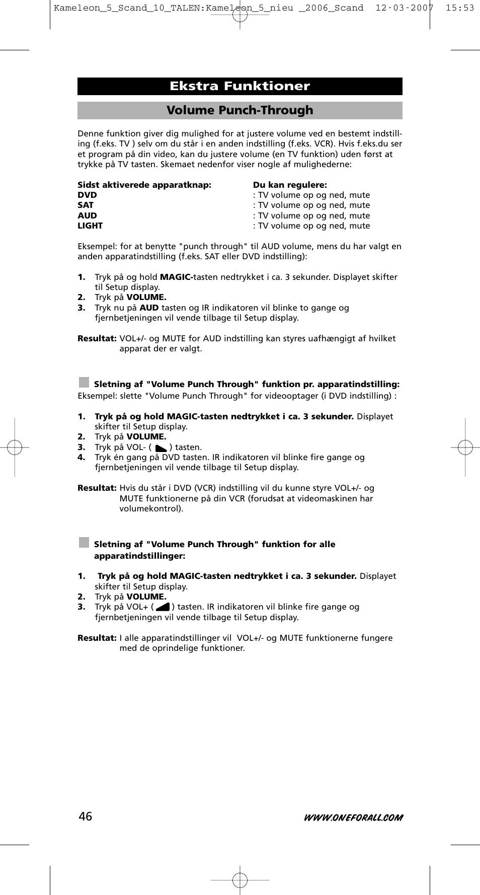 Volume punch-through, Ekstra funktioner | One for All KAMELEON URC-8305 User Manual | Page 47 / 293