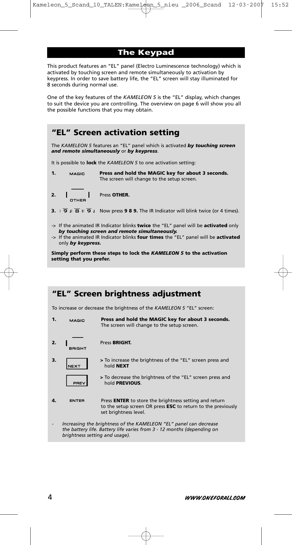 El” screen brightness adjustment, El” screen activation setting, The keypad | One for All KAMELEON URC-8305 User Manual | Page 5 / 293