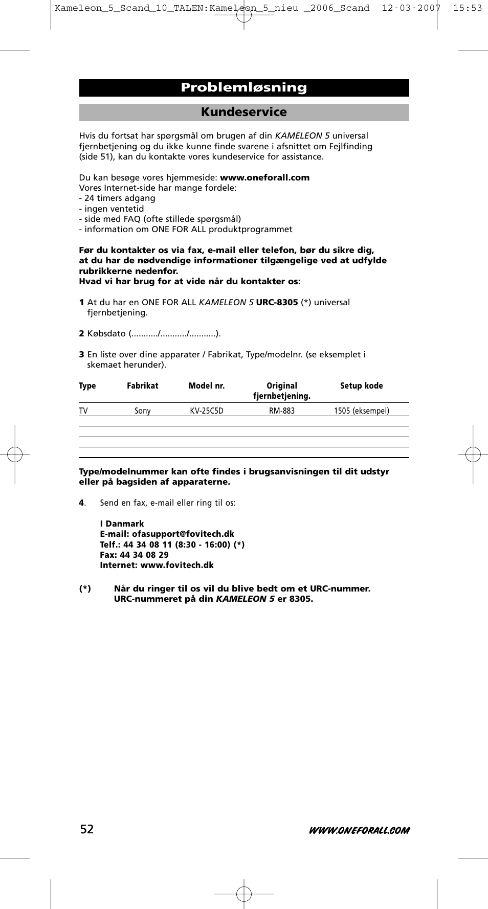 Kundeservice, Problemløsning | One for All KAMELEON URC-8305 User Manual | Page 53 / 293