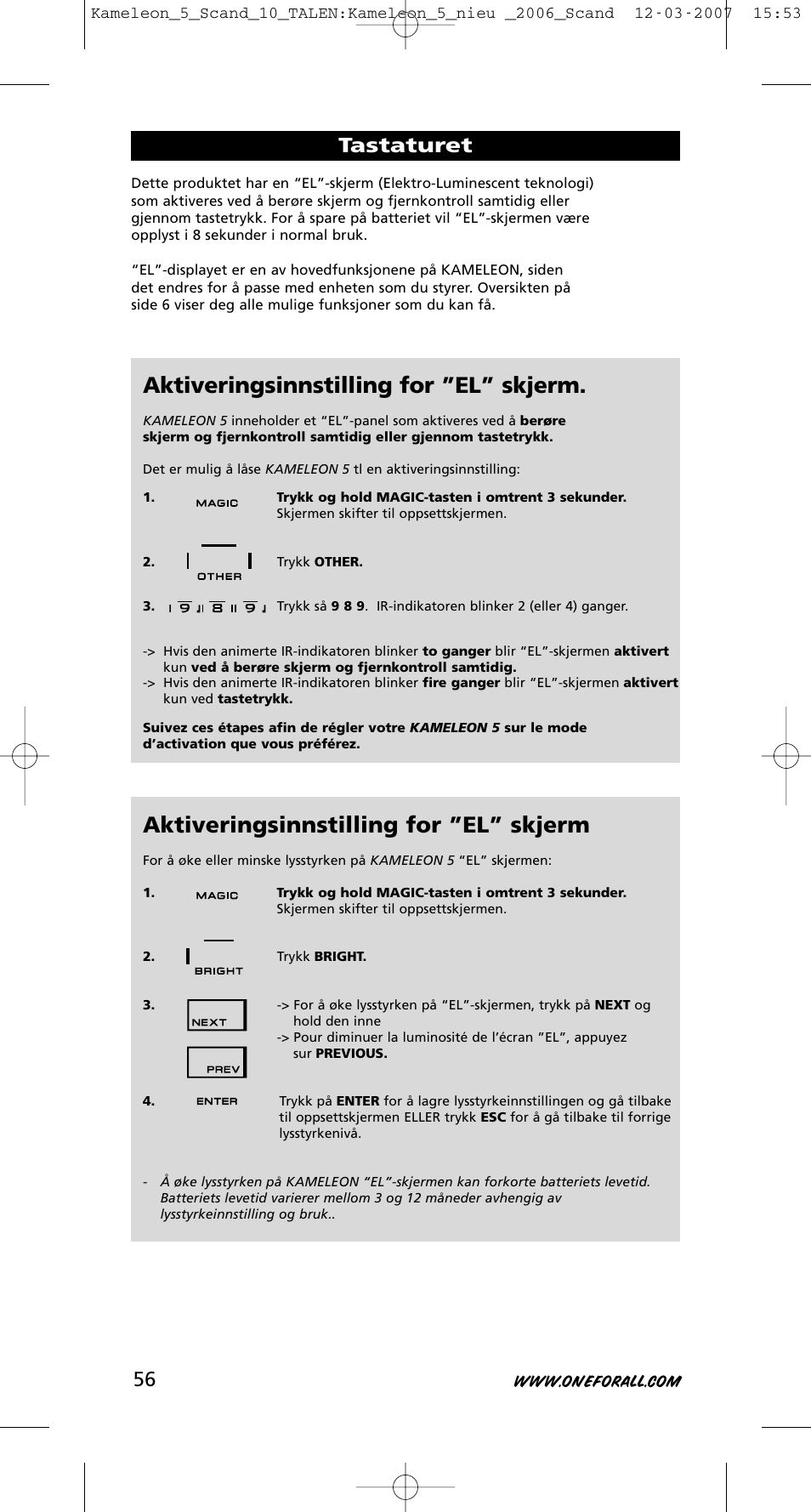 Aktiveringsinnstilling for ”el” skjerm, Tastaturet | One for All KAMELEON URC-8305 User Manual | Page 57 / 293