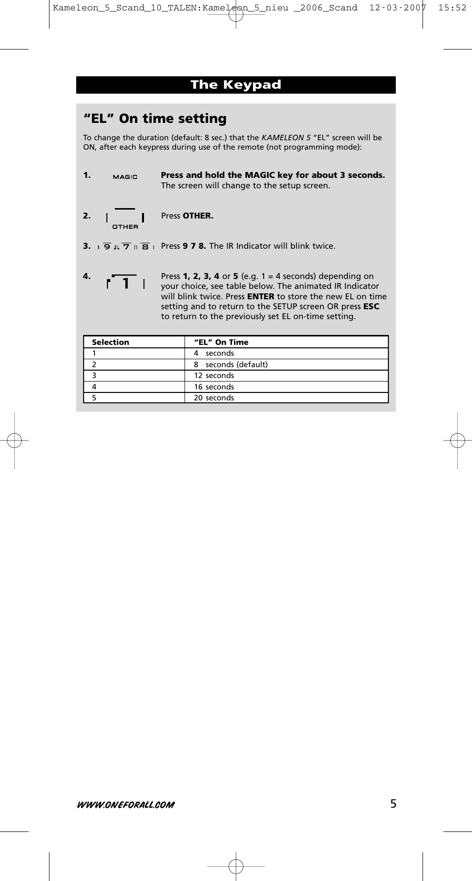 El” on time setting, 5the keypad | One for All KAMELEON URC-8305 User Manual | Page 6 / 293