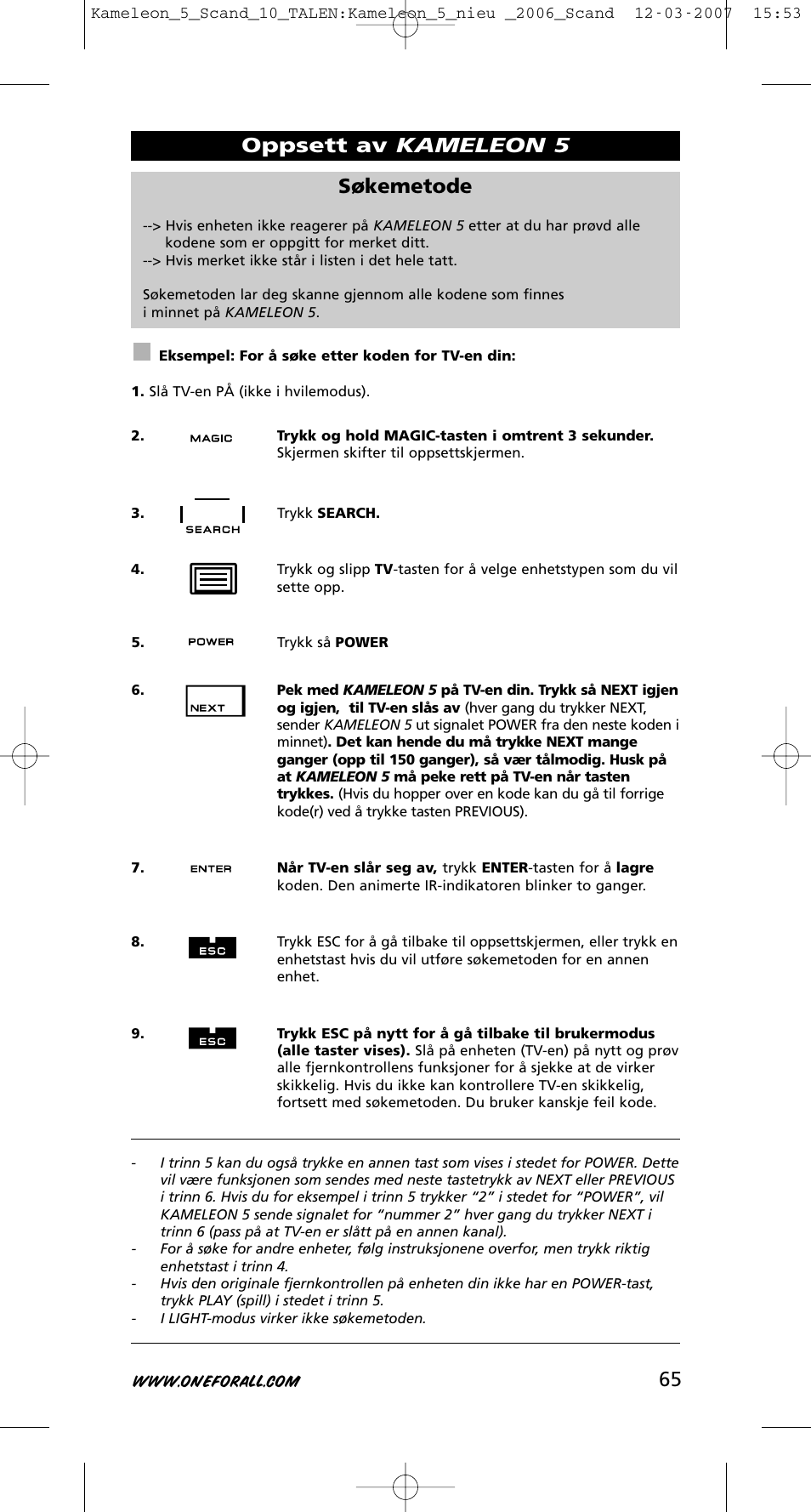 65 søkemetode, Oppsett av kameleon 5 | One for All KAMELEON URC-8305 User Manual | Page 66 / 293