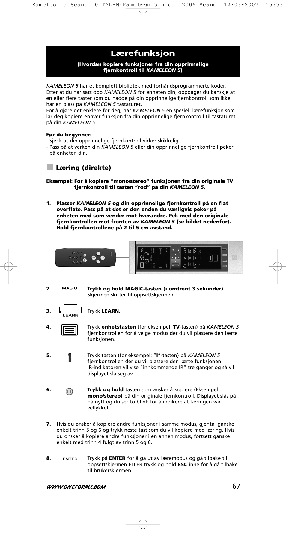 Lærefunksjon, Læring (direkte) | One for All KAMELEON URC-8305 User Manual | Page 68 / 293