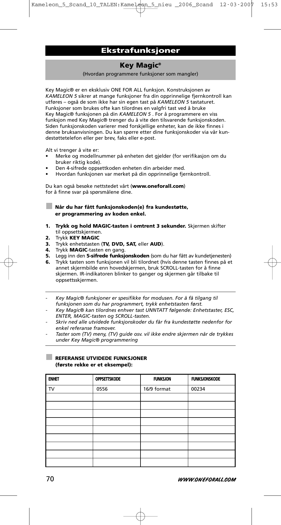 Key magic, Ekstrafunksjoner | One for All KAMELEON URC-8305 User Manual | Page 71 / 293