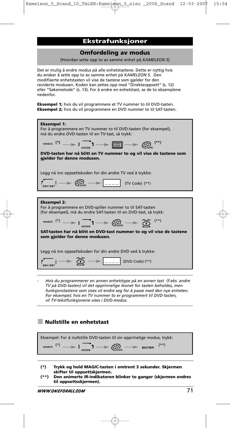 71 omfordeling av modus, Ekstrafunksjoner, Nullstille en enhetstast | One for All KAMELEON URC-8305 User Manual | Page 72 / 293