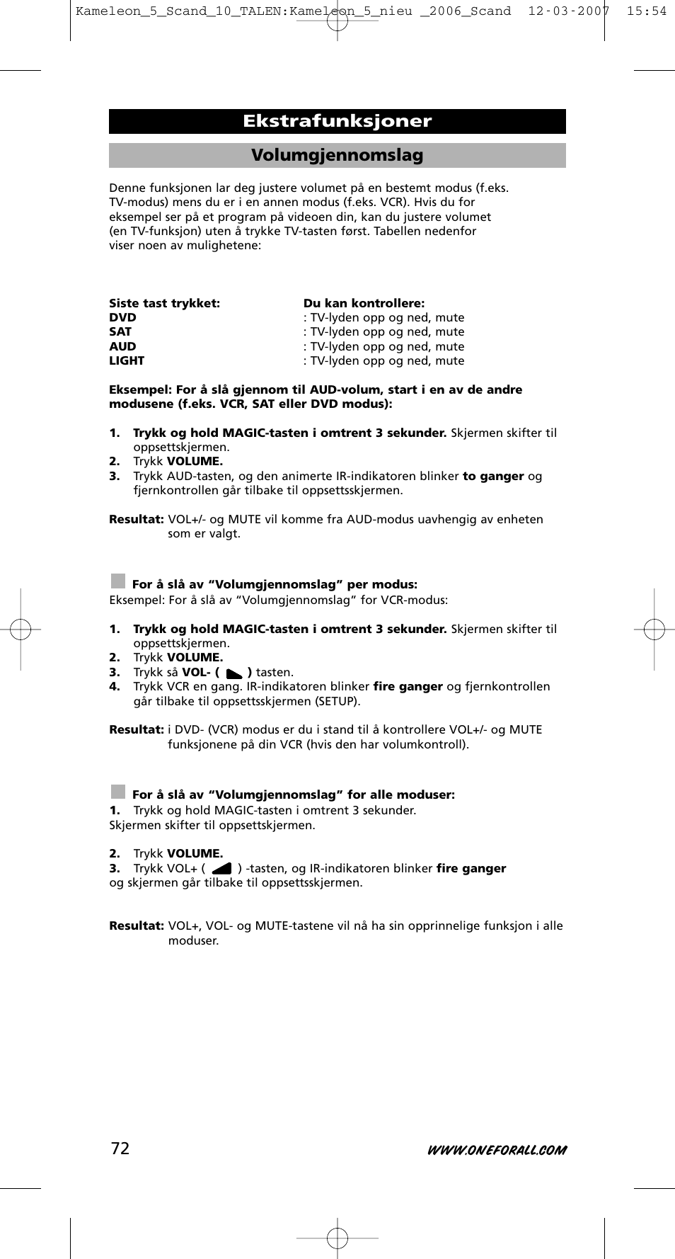 Volumgjennomslag, Ekstrafunksjoner | One for All KAMELEON URC-8305 User Manual | Page 73 / 293