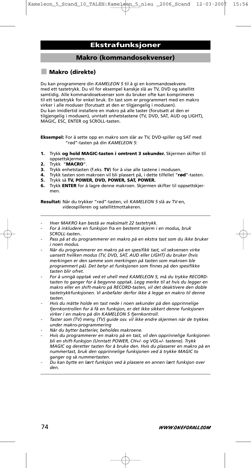 Makro (kommandosekvenser), Ekstrafunksjoner, Makro (direkte) | One for All KAMELEON URC-8305 User Manual | Page 75 / 293