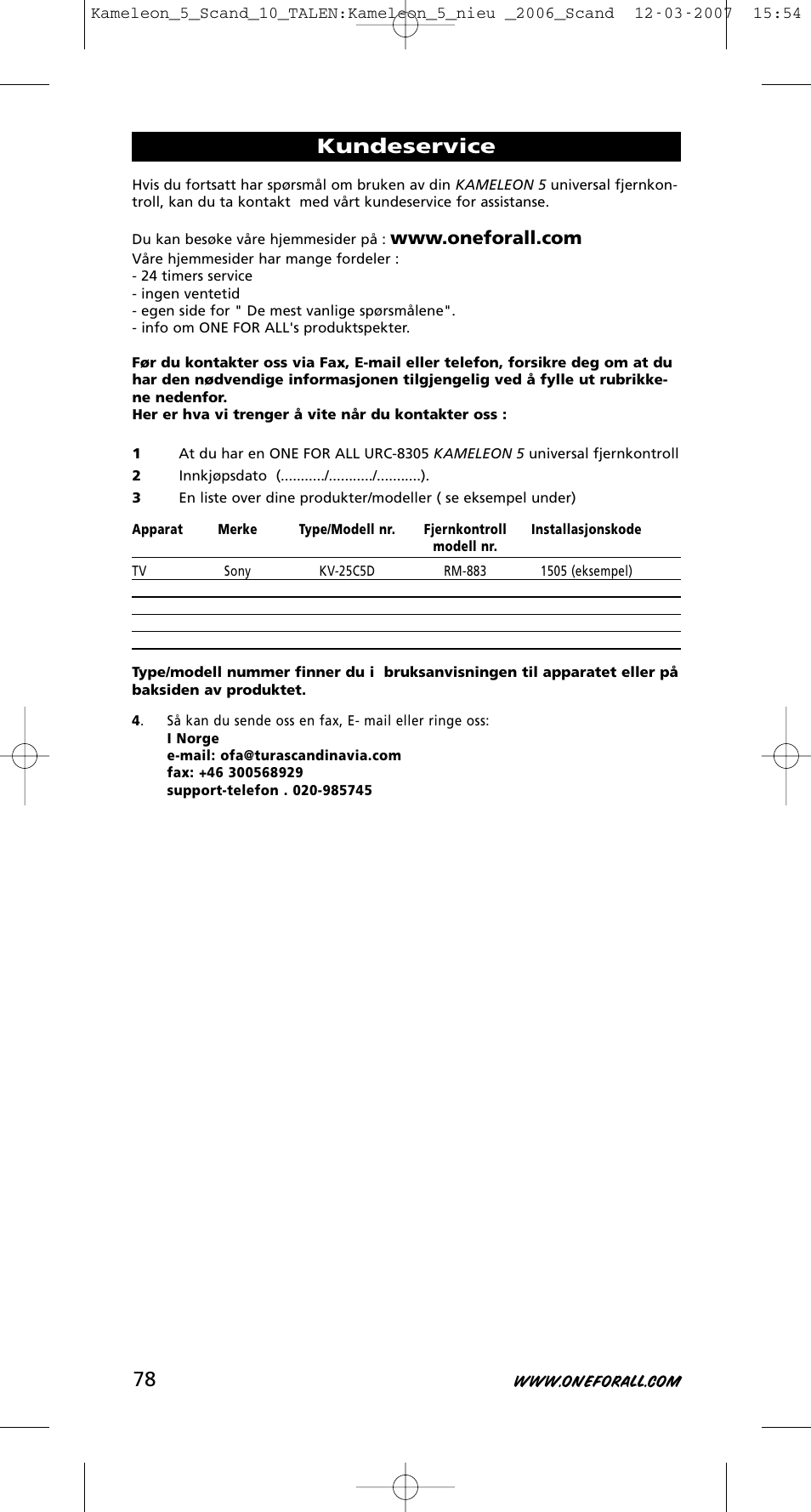 Kundeservice | One for All KAMELEON URC-8305 User Manual | Page 79 / 293