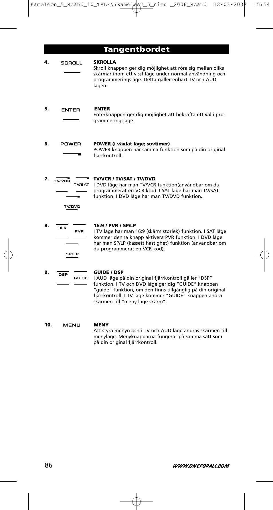 Tangentbordet | One for All KAMELEON URC-8305 User Manual | Page 87 / 293