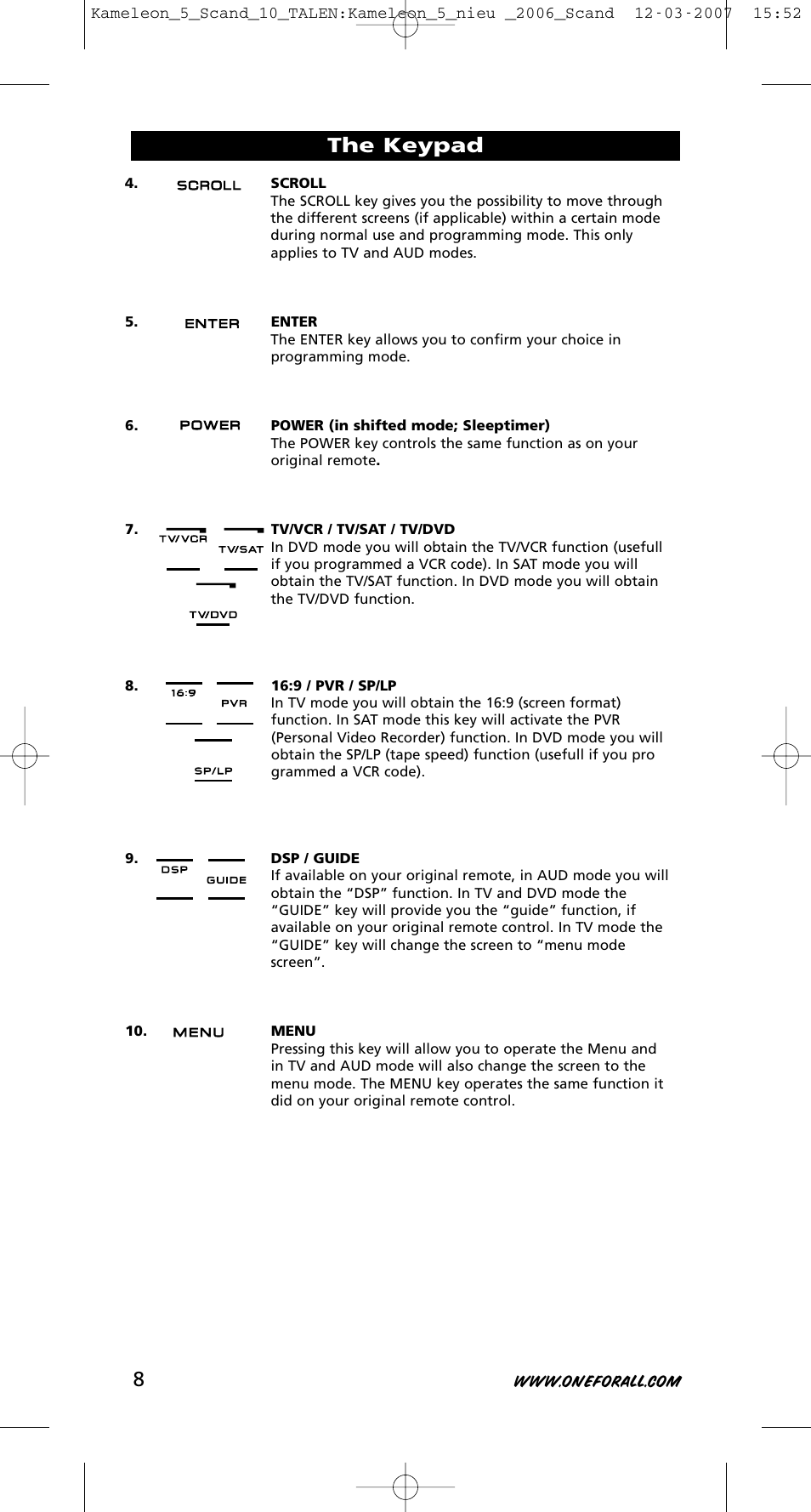 The keypad | One for All KAMELEON URC-8305 User Manual | Page 9 / 293