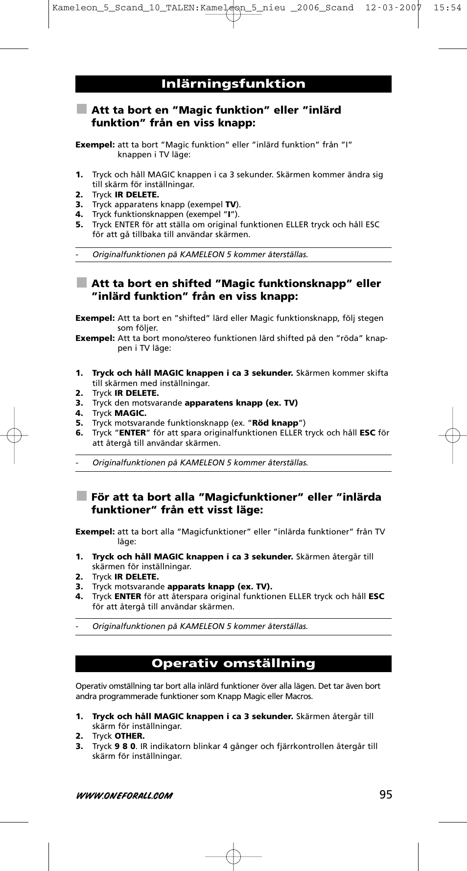 Inlärningsfunktion operativ omställning | One for All KAMELEON URC-8305 User Manual | Page 96 / 293