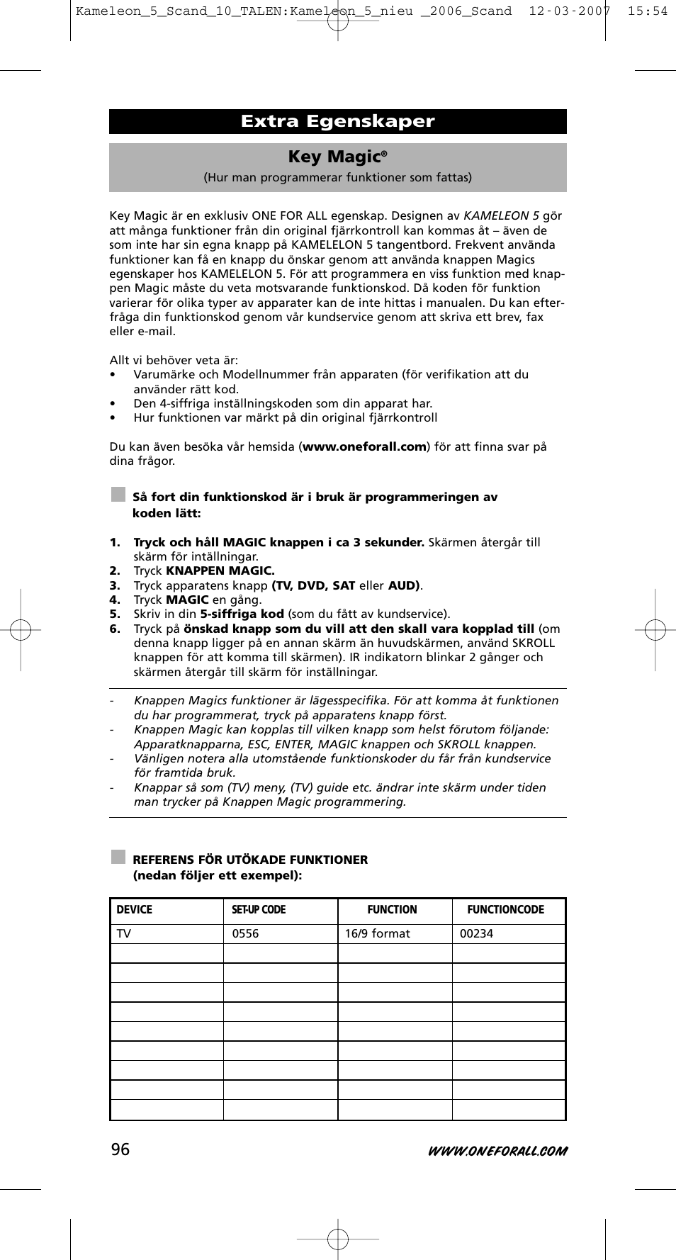 Key magic, Extra egenskaper | One for All KAMELEON URC-8305 User Manual | Page 97 / 293