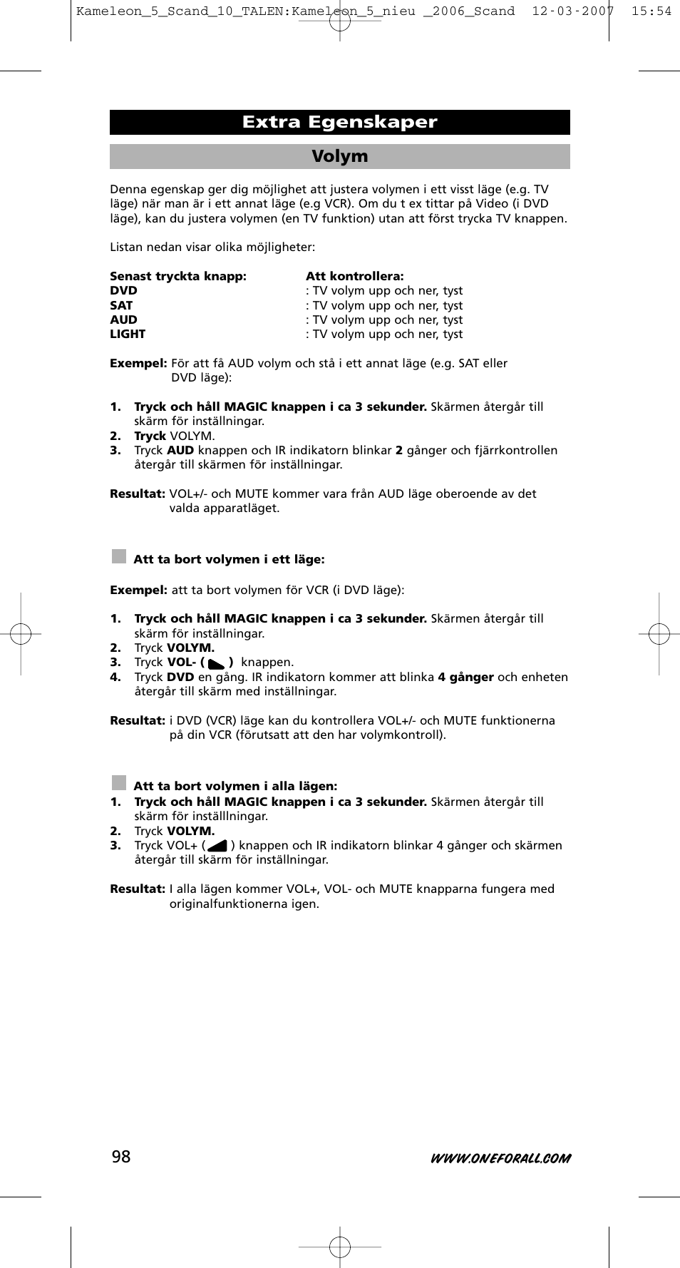 Volym, Extra egenskaper | One for All KAMELEON URC-8305 User Manual | Page 99 / 293