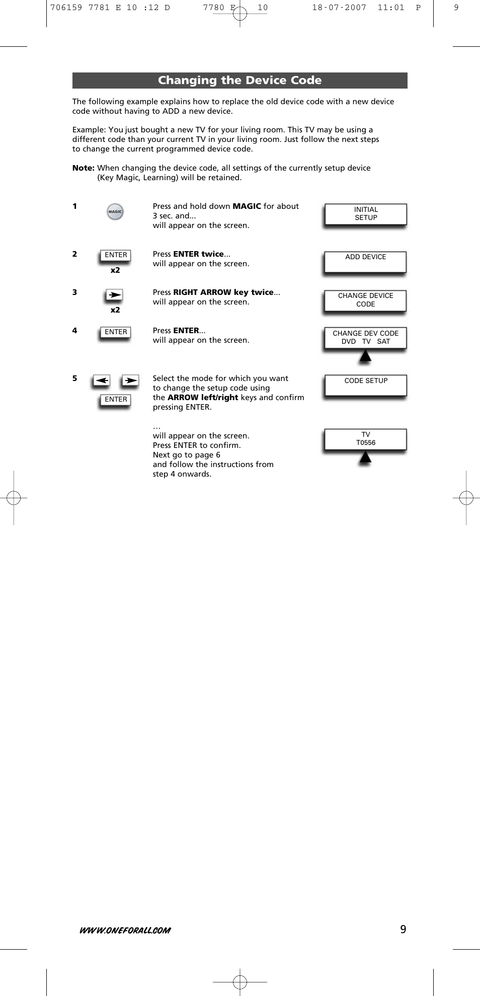 Changing the device code | One for All URC-7781 User Manual | Page 10 / 319