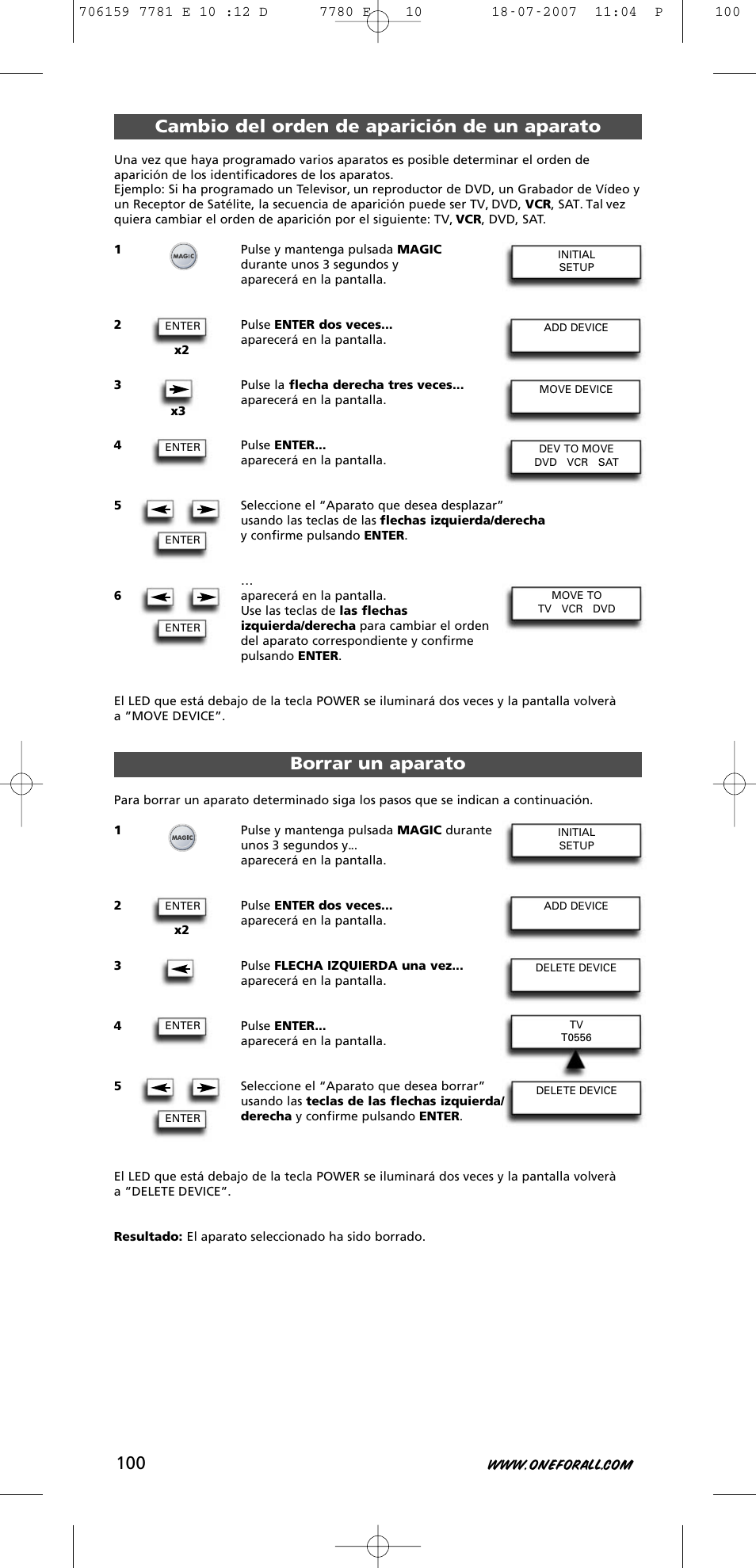 Cambio del orden de aparición de un aparato, Borrar un aparato | One for All URC-7781 User Manual | Page 101 / 319