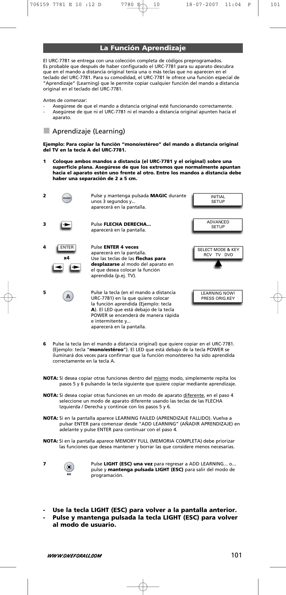 La función aprendizaje, Aprendizaje (learning) | One for All URC-7781 User Manual | Page 102 / 319