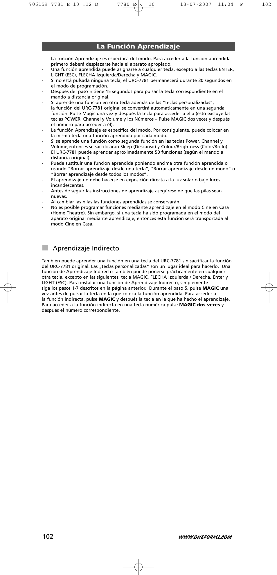 La función aprendizaje, Aprendizaje indirecto | One for All URC-7781 User Manual | Page 103 / 319