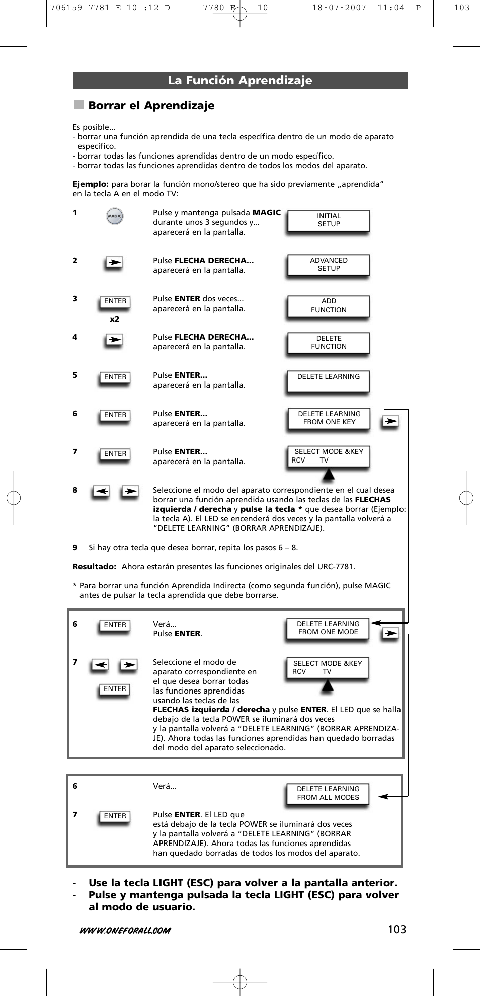 103 la función aprendizaje borrar el aprendizaje | One for All URC-7781 User Manual | Page 104 / 319