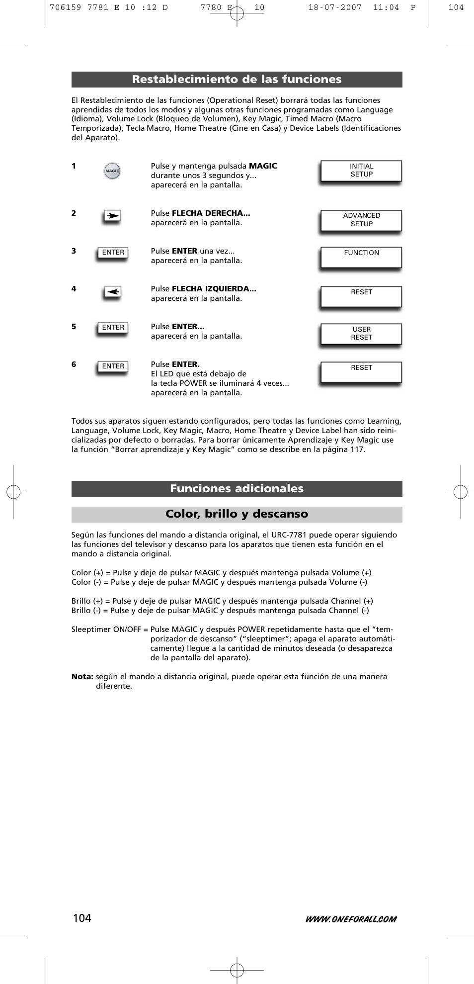 Color, brillo y descanso | One for All URC-7781 User Manual | Page 105 / 319
