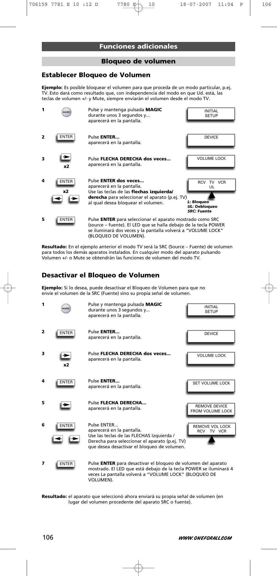 Desactivar el bloqueo de volumen, Bloqueo de volumen | One for All URC-7781 User Manual | Page 107 / 319