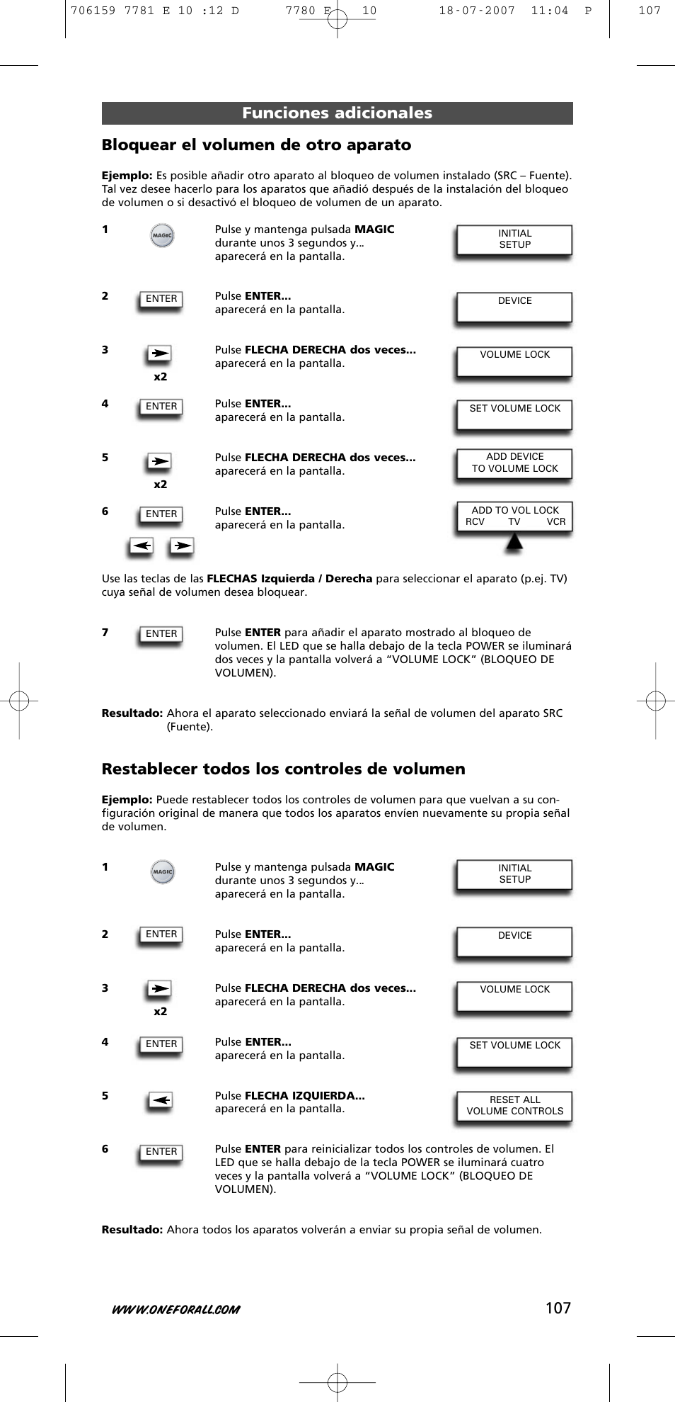 Restablecer todos los controles de volumen | One for All URC-7781 User Manual | Page 108 / 319