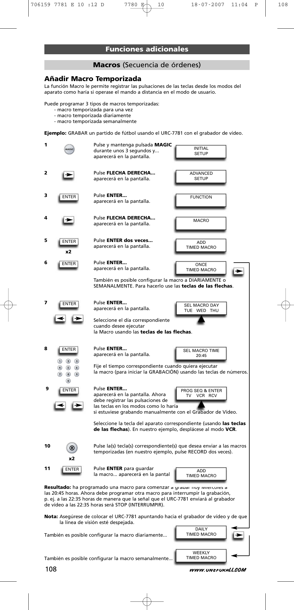Funciones adicionales añadir macro temporizada, Macros (secuencia de órdenes) | One for All URC-7781 User Manual | Page 109 / 319