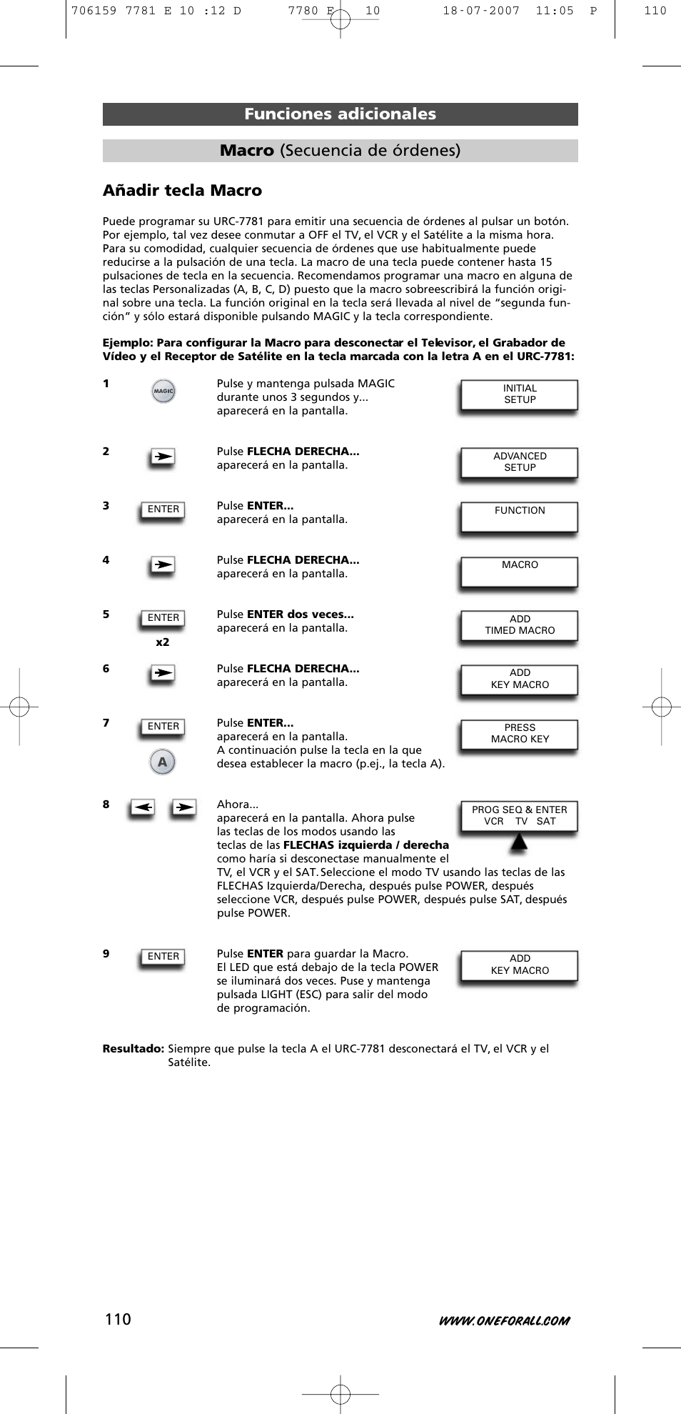Añadir tecla macro, Funciones adicionales macro (secuencia de órdenes) | One for All URC-7781 User Manual | Page 111 / 319
