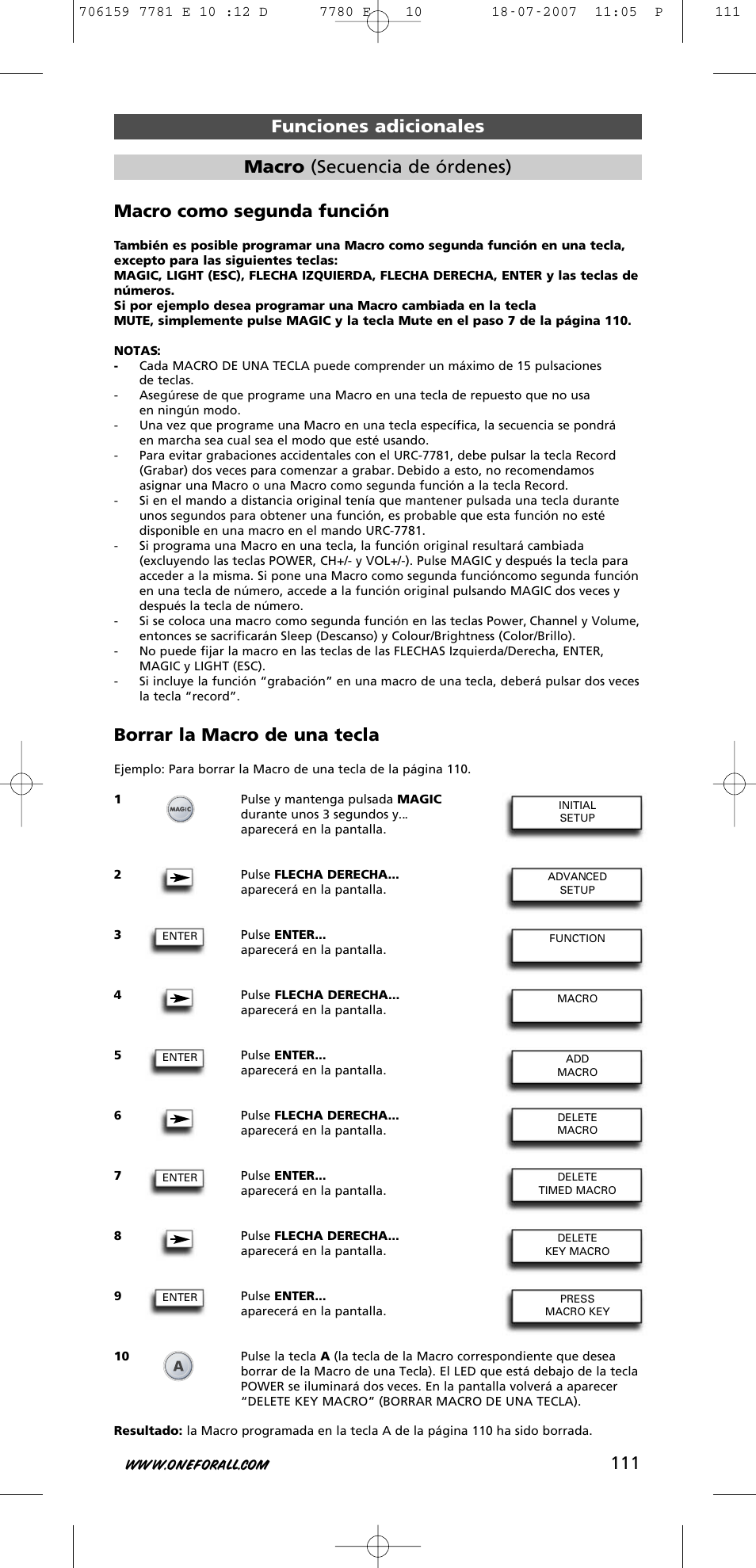 Macro como segunda función, Borrar la macro de una tecla, Funciones adicionales macro (secuencia de órdenes) | One for All URC-7781 User Manual | Page 112 / 319