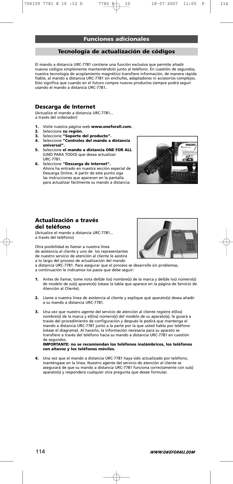 Descarga de internet, Actualización a través del teléfono | One for All URC-7781 User Manual | Page 115 / 319