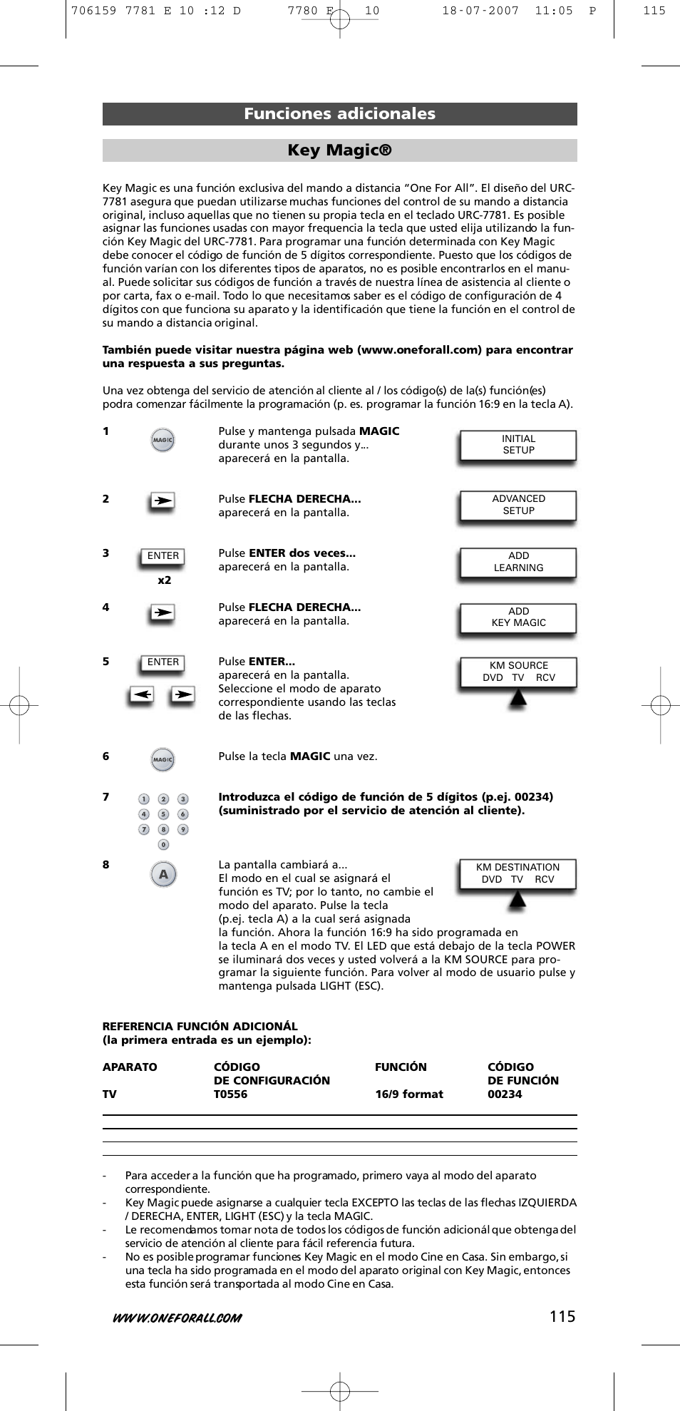 Funciones adicionales key magic | One for All URC-7781 User Manual | Page 116 / 319
