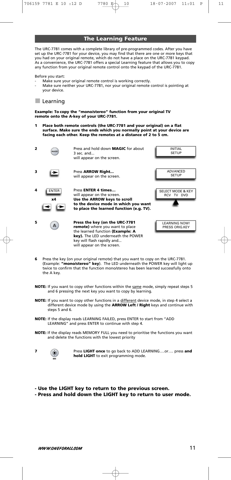 The learning feature, Learning | One for All URC-7781 User Manual | Page 12 / 319