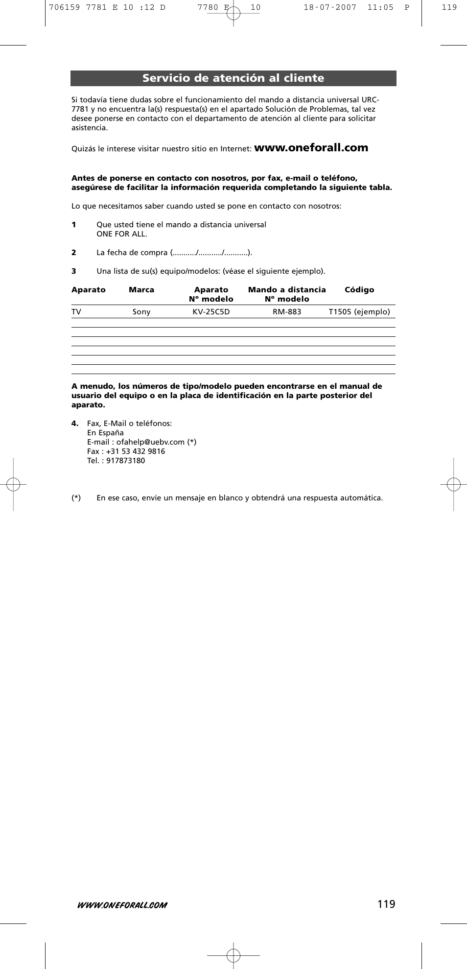 119 servicio de atención al cliente | One for All URC-7781 User Manual | Page 120 / 319