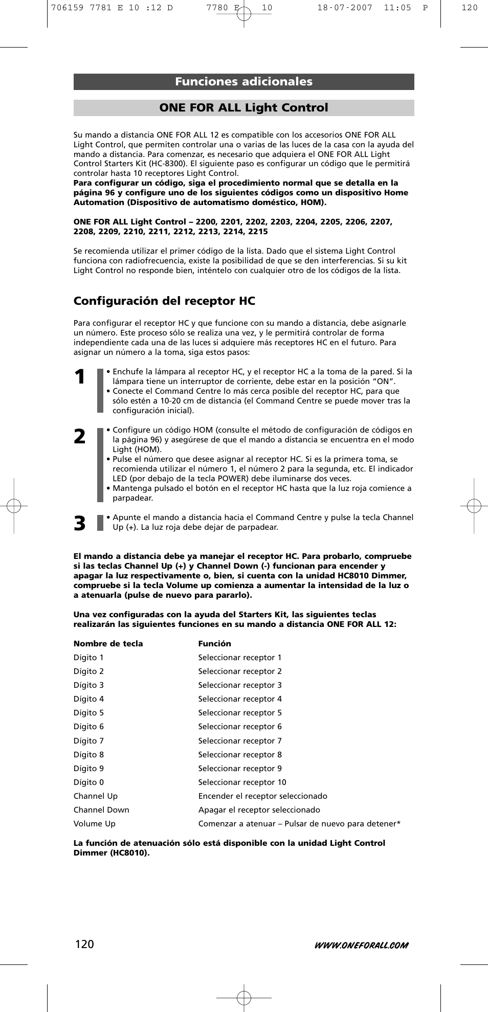Configuración del receptor hc, Funciones adicionales one for all light control | One for All URC-7781 User Manual | Page 121 / 319