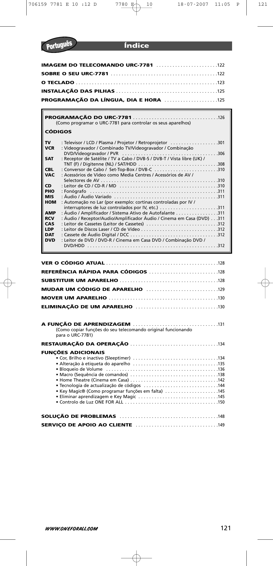 Portugu ês, 121 índice | One for All URC-7781 User Manual | Page 122 / 319