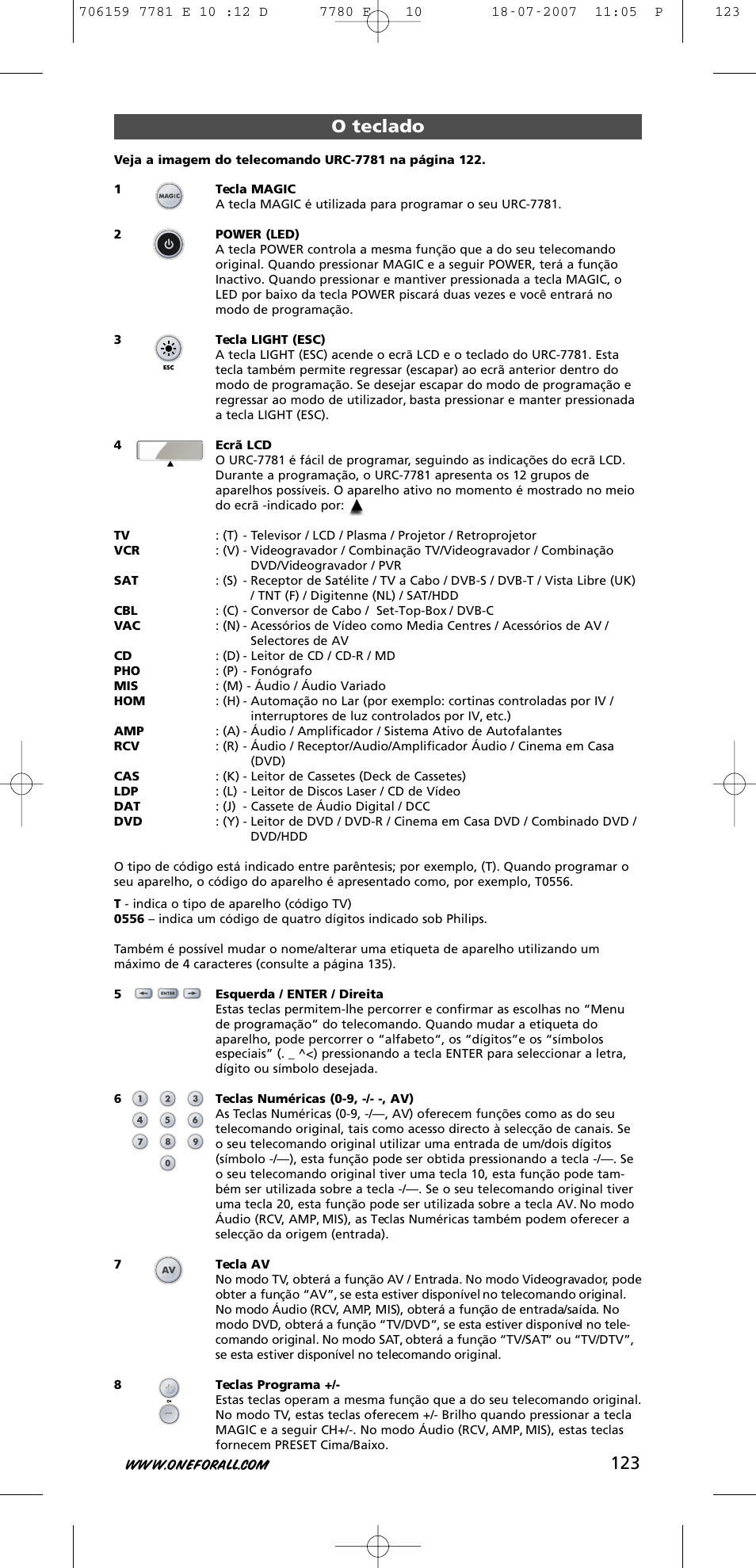 123 o teclado | One for All URC-7781 User Manual | Page 124 / 319