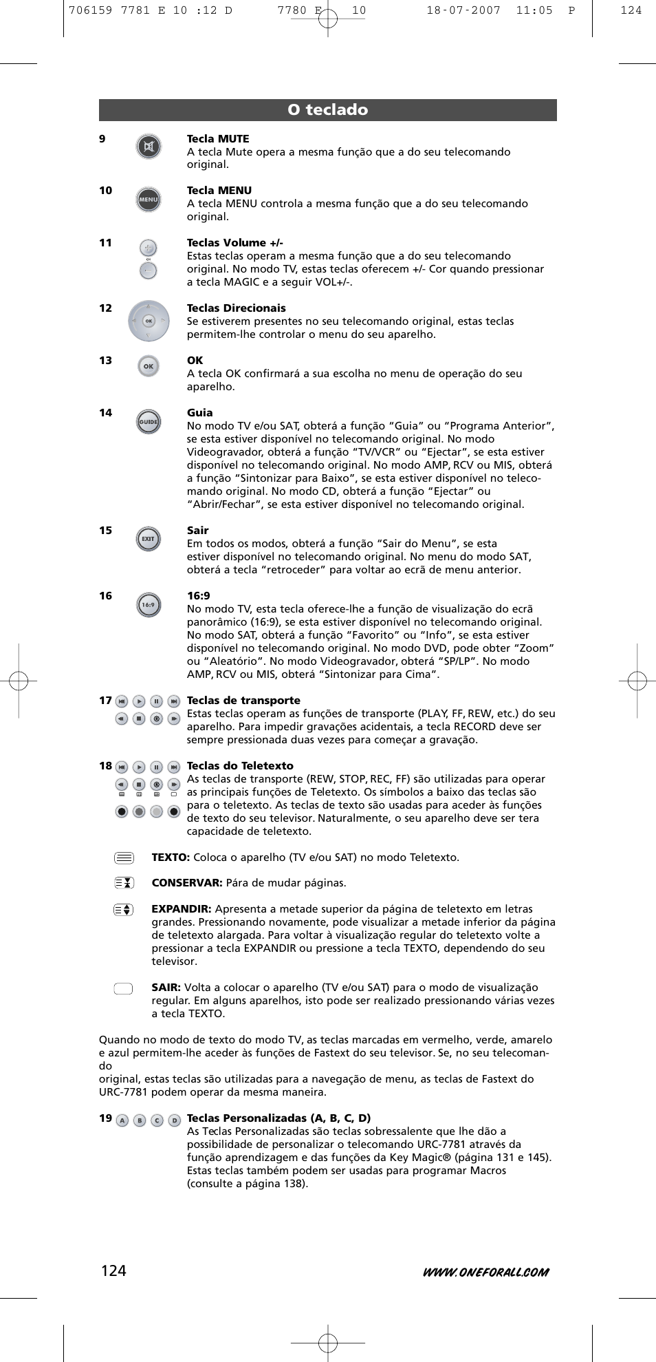 O teclado | One for All URC-7781 User Manual | Page 125 / 319