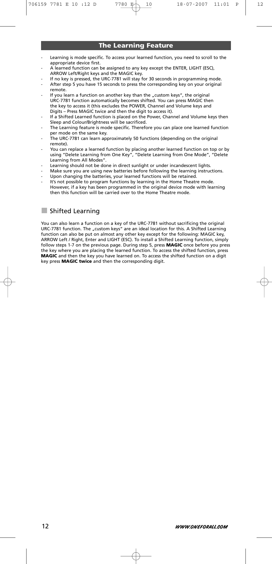 The learning feature, Shifted learning | One for All URC-7781 User Manual | Page 13 / 319