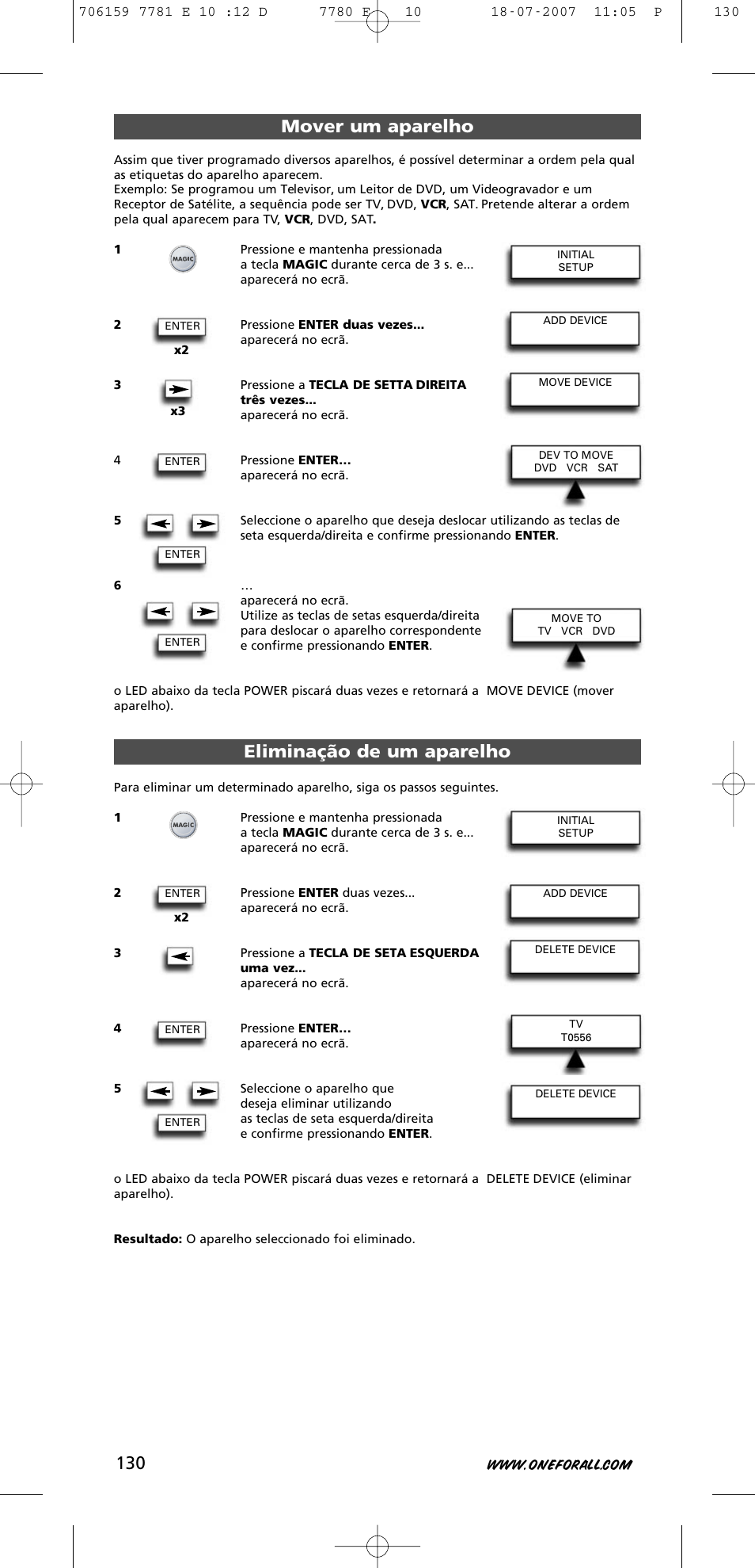 Mover um aparelho, Eliminação de um aparelho | One for All URC-7781 User Manual | Page 131 / 319