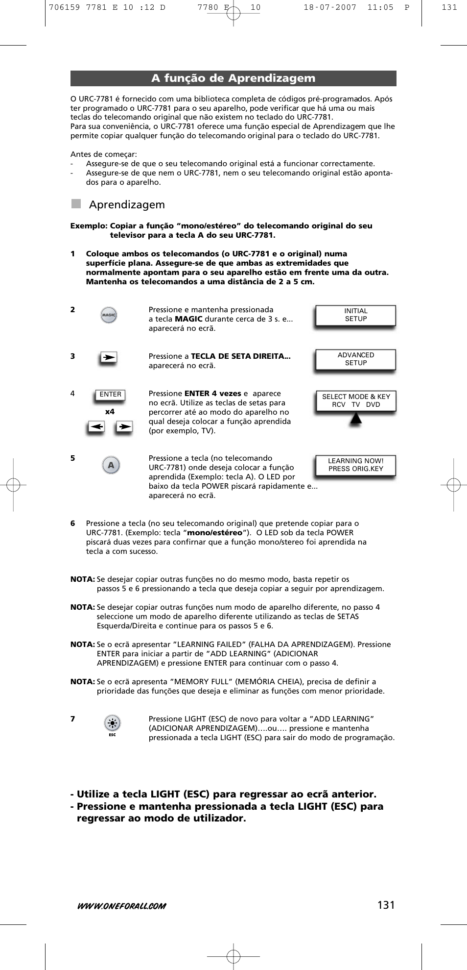 A função de aprendizagem, Aprendizagem | One for All URC-7781 User Manual | Page 132 / 319
