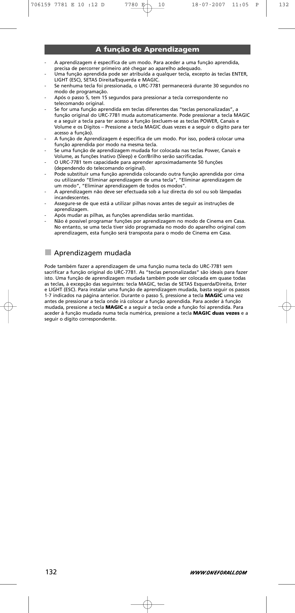 A função de aprendizagem, Aprendizagem mudada | One for All URC-7781 User Manual | Page 133 / 319