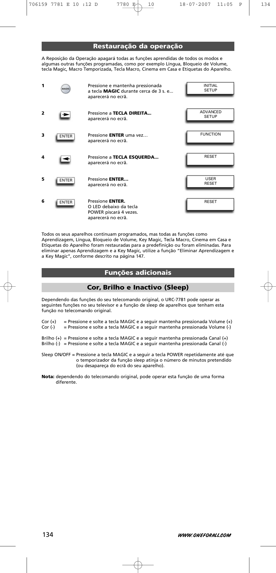 Restauração da operação funções adicionais, Cor, brilho e inactivo (sleep) | One for All URC-7781 User Manual | Page 135 / 319