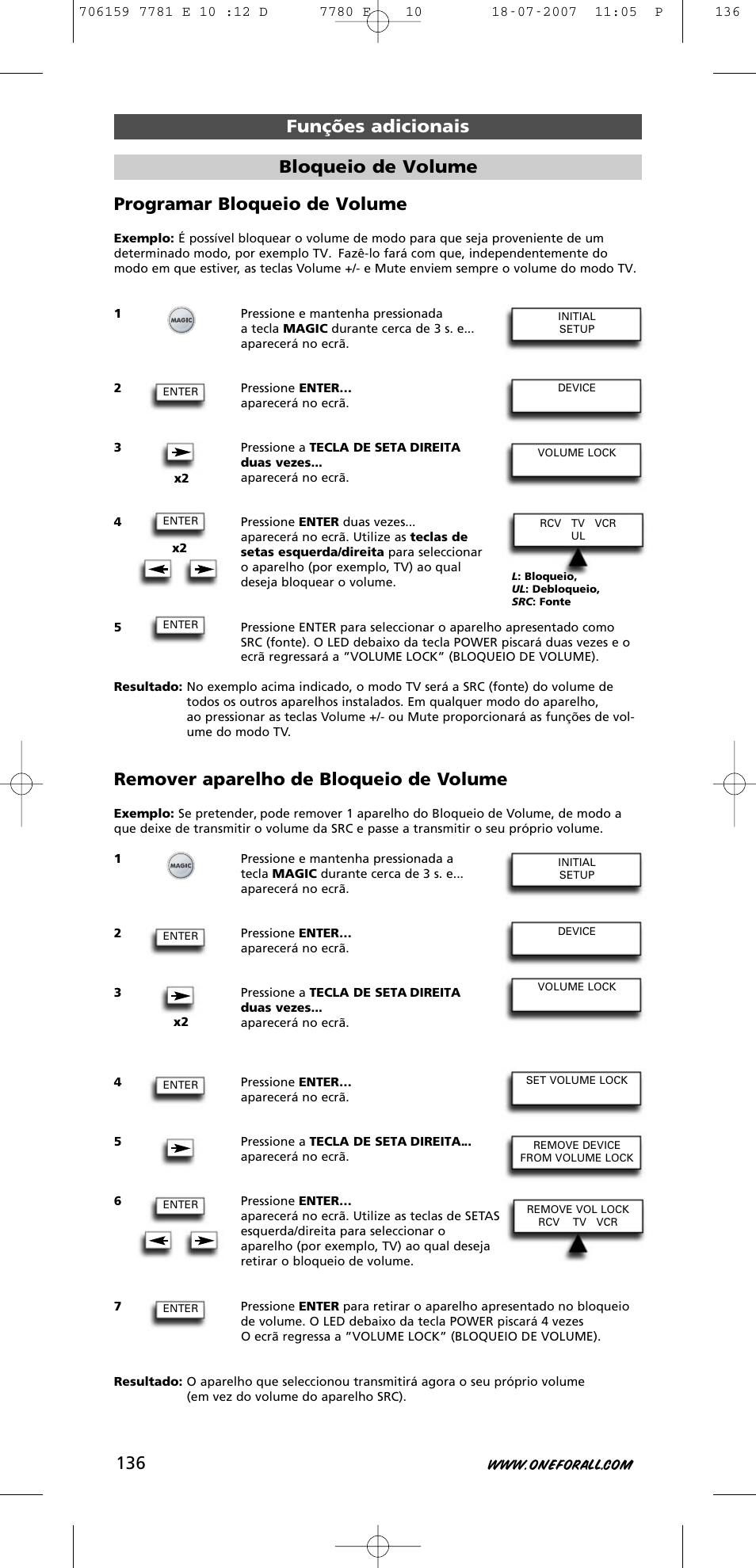 Funções adicionais programar bloqueio de volume, Remover aparelho de bloqueio de volume, Bloqueio de volume | One for All URC-7781 User Manual | Page 137 / 319