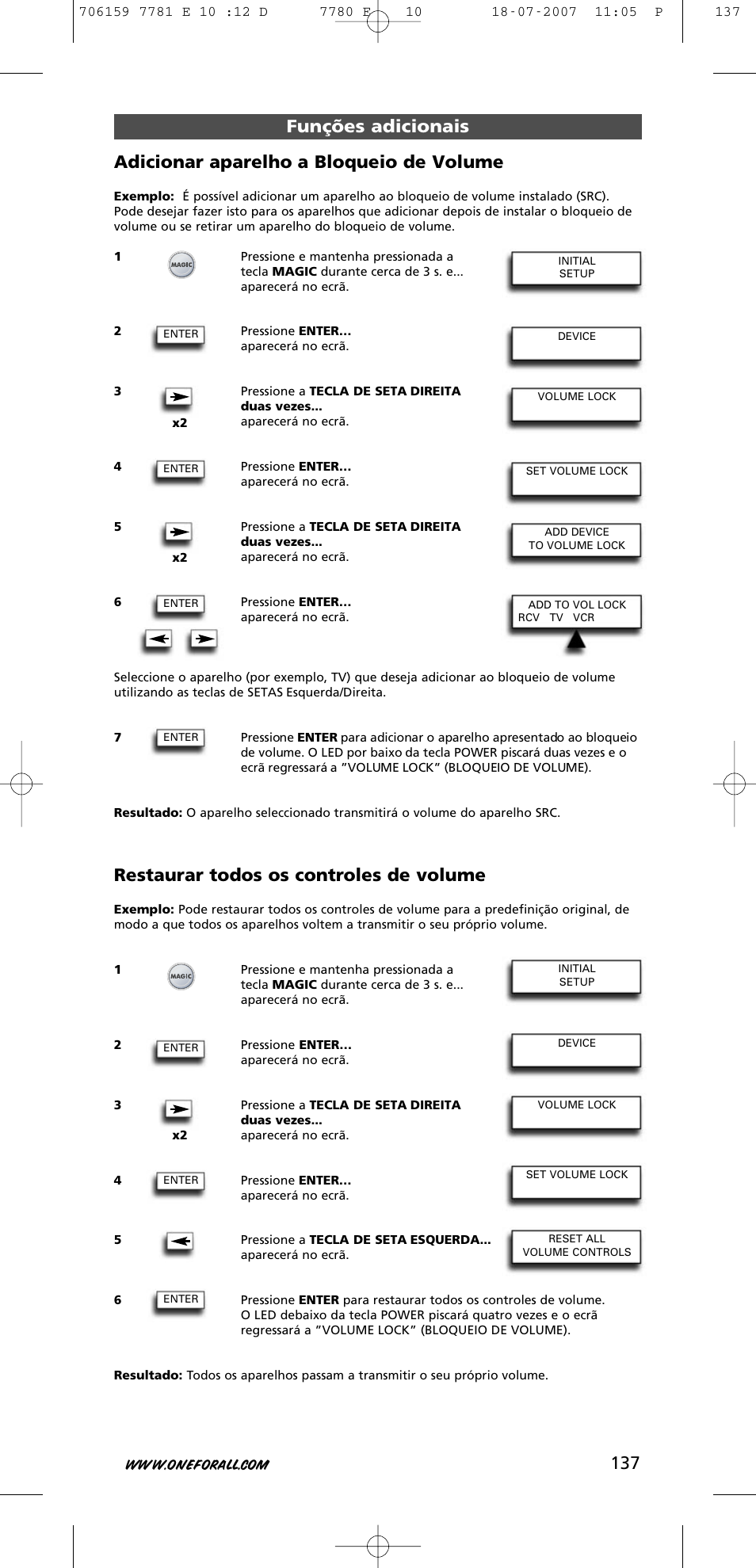 Restaurar todos os controles de volume | One for All URC-7781 User Manual | Page 138 / 319