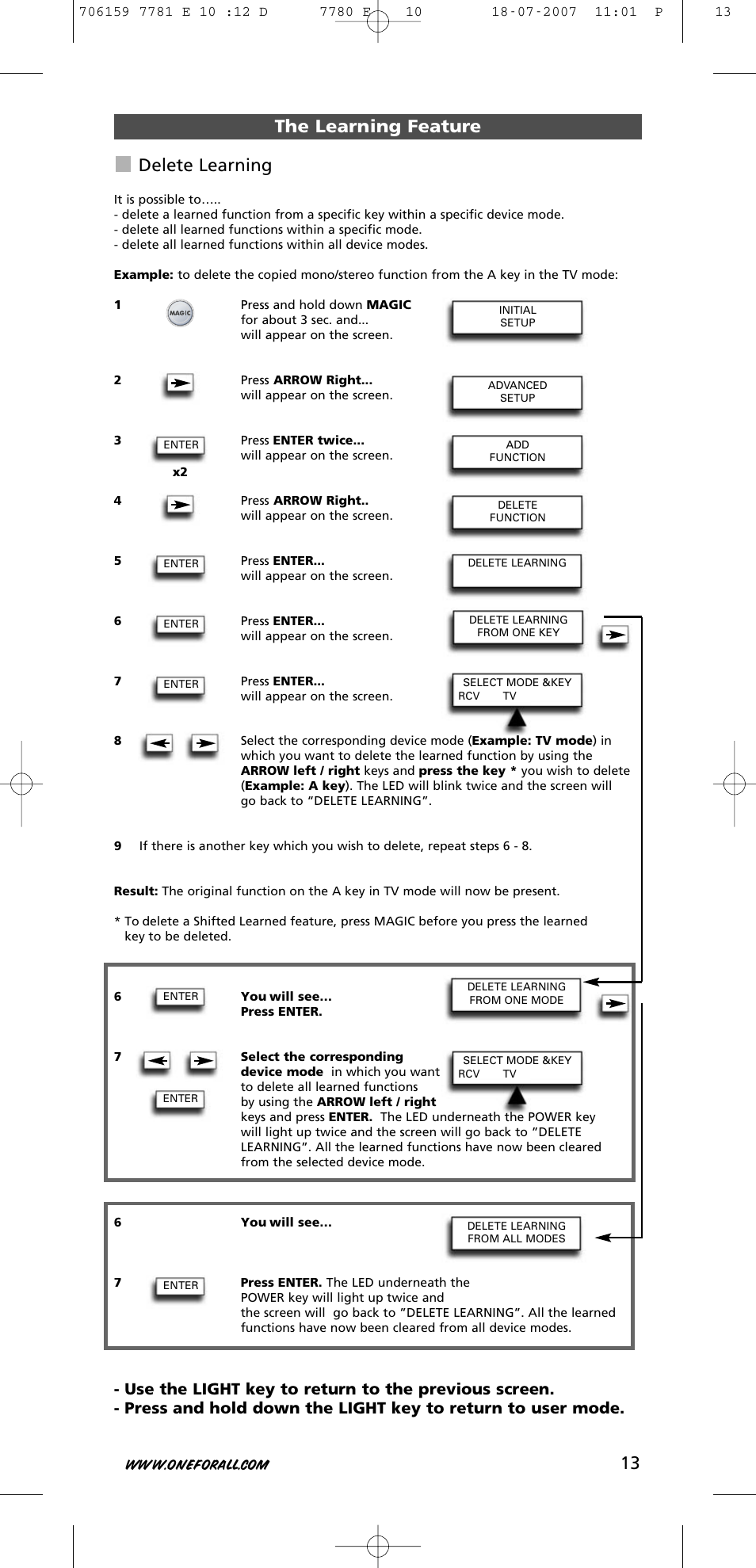 13 the learning feature delete learning | One for All URC-7781 User Manual | Page 14 / 319