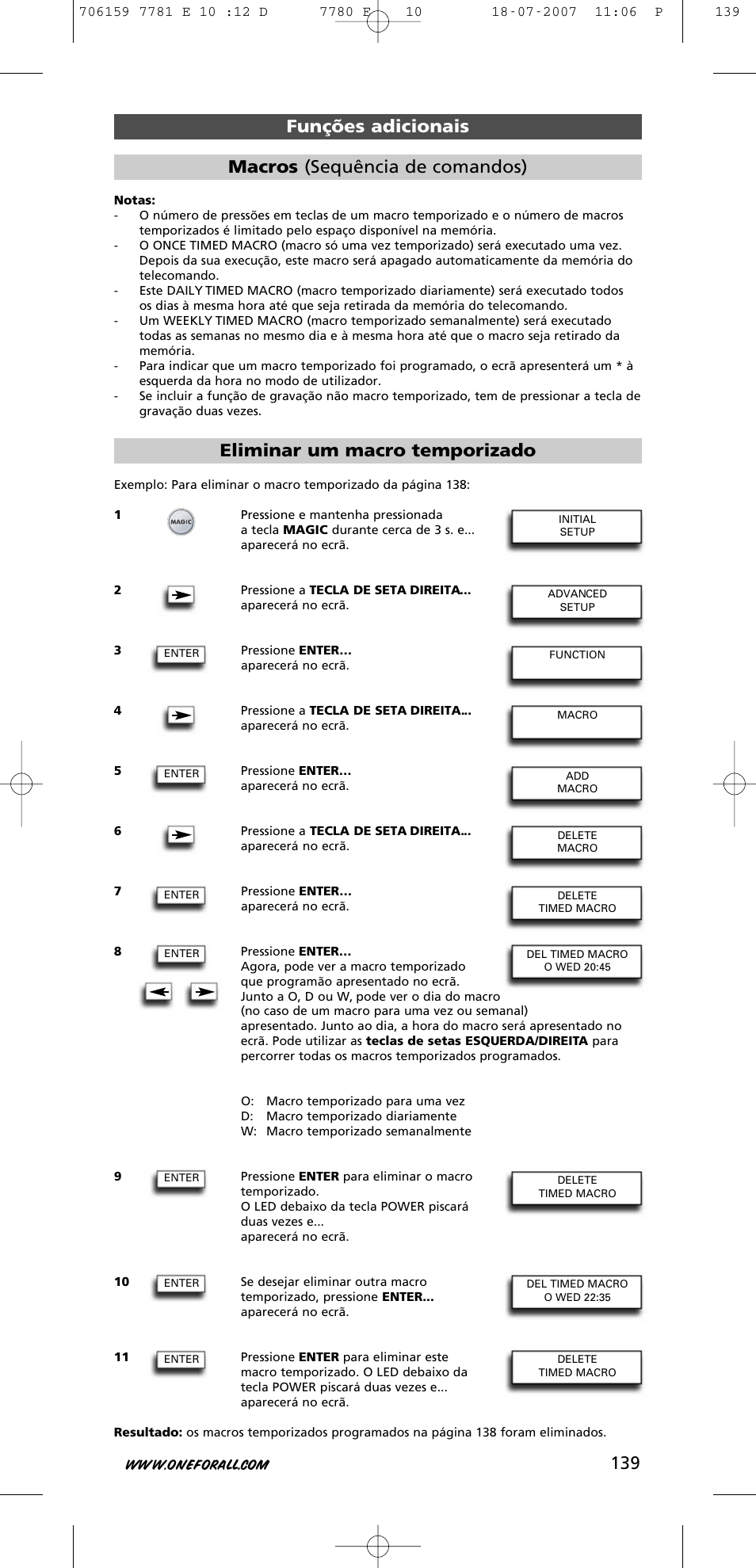 Eliminar um macro temporizado, Funções adicionais macros (sequência de comandos) | One for All URC-7781 User Manual | Page 140 / 319