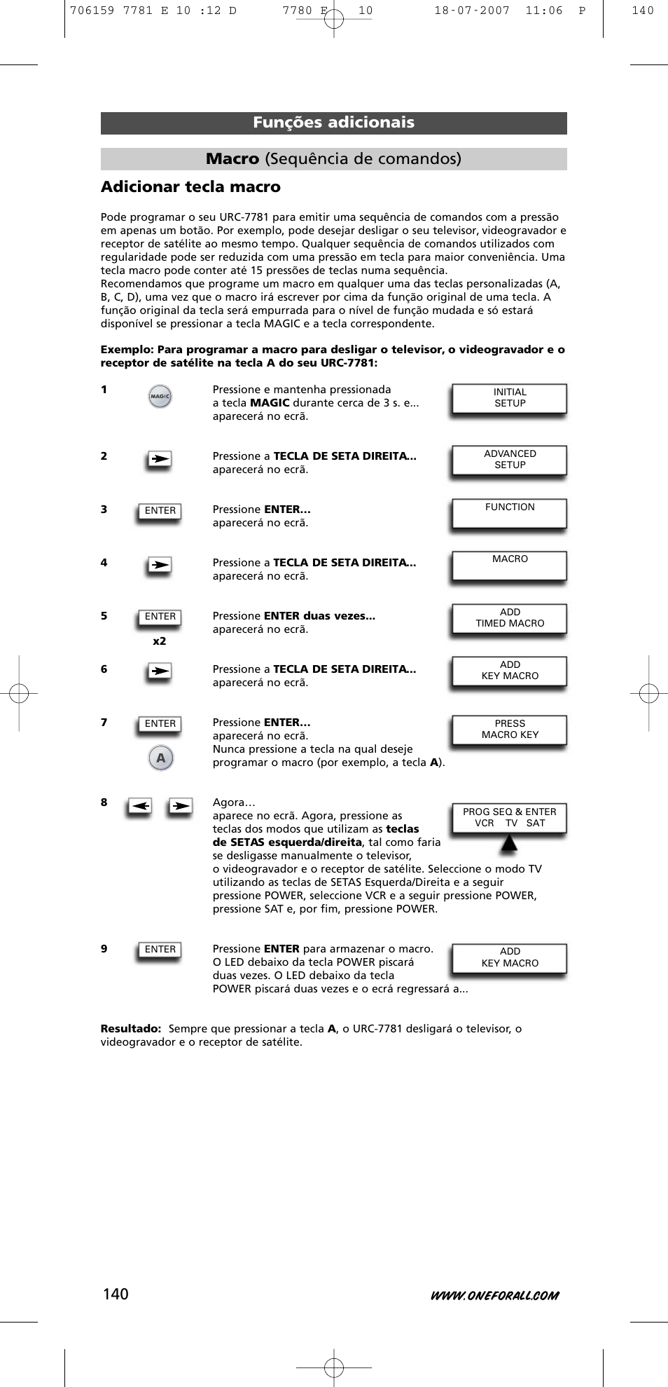 Adicionar tecla macro, Funções adicionais macro (sequência de comandos) | One for All URC-7781 User Manual | Page 141 / 319