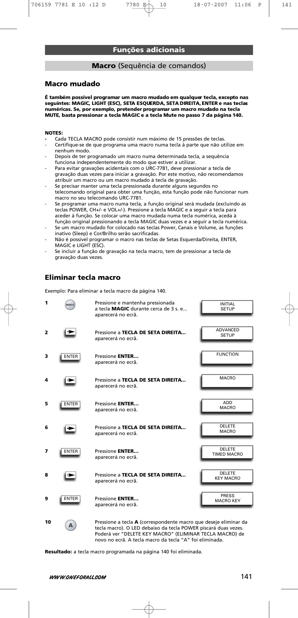 Macro mudado, Eliminar tecla macro, Funções adicionais macro (sequência de comandos) | One for All URC-7781 User Manual | Page 142 / 319