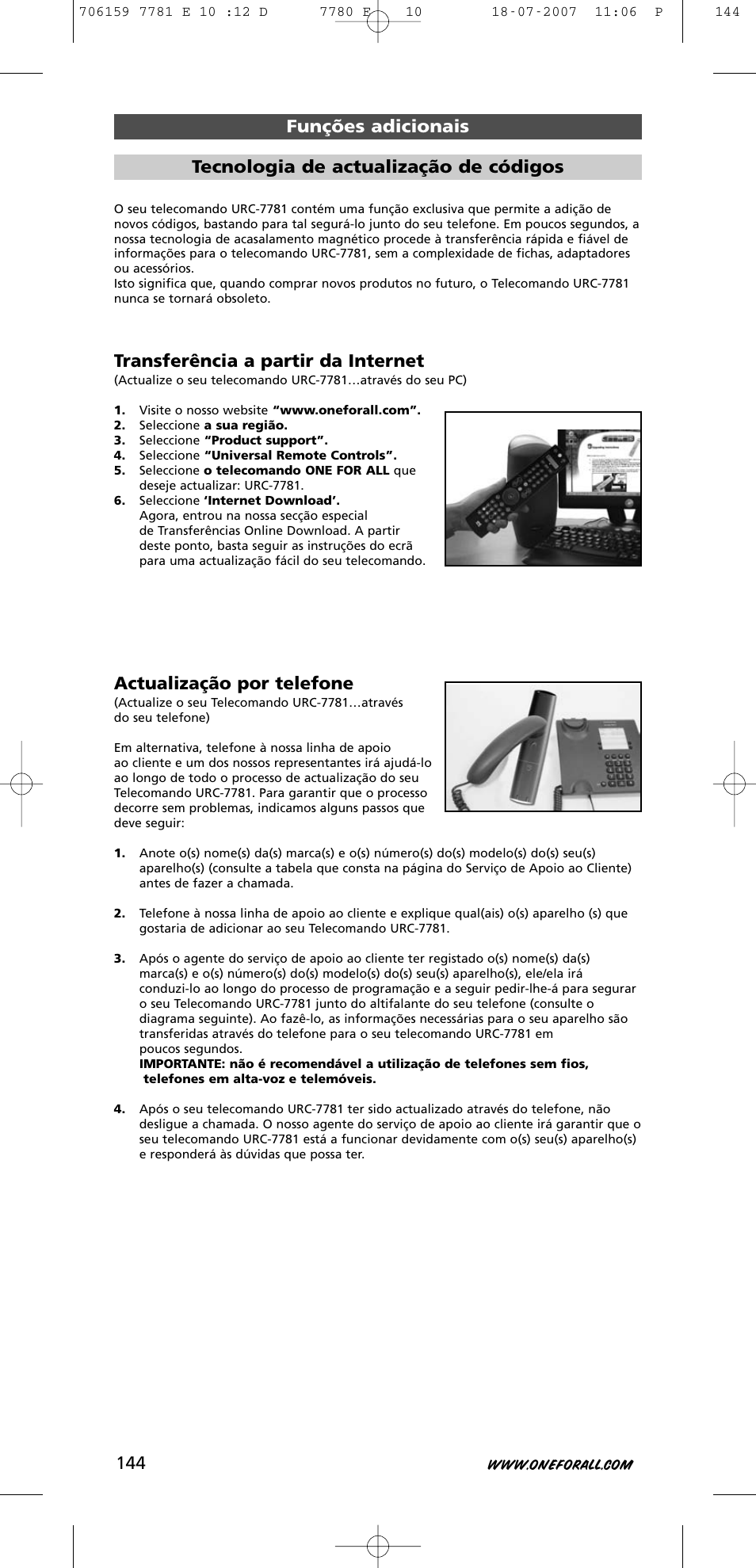 Transferência a partir da internet, Actualização por telefone | One for All URC-7781 User Manual | Page 145 / 319